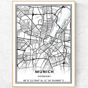 Impression de carte de la ville de Munich, art mural de carte moderne, cadeau de voyage en Allemagne Poster