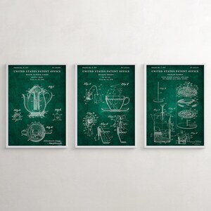May include: Three vintage green patent prints for a teapot, tea bag, and coffee maker. The prints are in white and feature detailed illustrations of the products. The text on the prints reads "United States Patent Office".