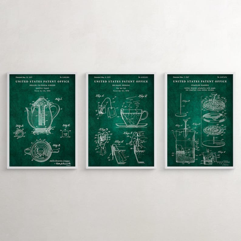 May include: Three vintage green patent prints for a teapot, tea bag, and coffee maker. The prints are in white and feature detailed illustrations of the products. The text on the prints reads "United States Patent Office".