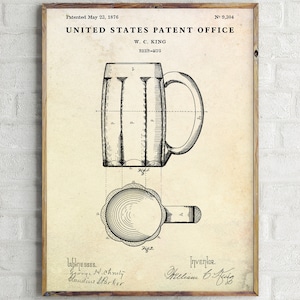 Beer Mug 1876 Patent Print. Pub Bar Wall Art, Man Cave Vintage Decor. Blueprint Poster. Beer Drinker Gift. Ready to Hang Canvas