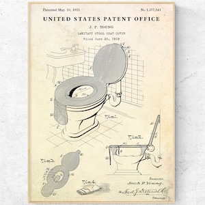 Decorazione WC: copriwater stampa brevetto. Manifesto del progetto. Invenzioni dell'armadio dell'acqua, arte della parete vintage del bagno.