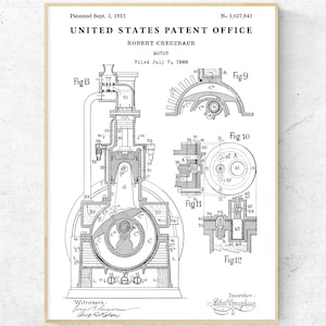 May include: Black and white line drawing of a patent for a motor, filed July 7, 1888. The patent drawing shows a detailed diagram of the motor's internal workings, with various parts labeled and numbered. The patent is titled "United States Patent Office" and "Robert Creuzbaur Motor".