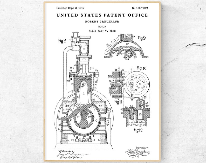 May include: Black and white line drawing of a patent for a motor, filed July 7, 1888. The patent drawing shows a detailed diagram of the motor's internal workings, with various parts labeled and numbered. The patent is titled "United States Patent Office" and "Robert Creuzbaur Motor".