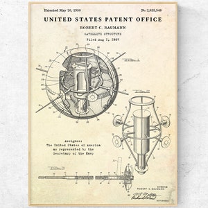 Satellite 1958 Patent Print. Vintage Inventions Blueprint Wall Art, Space Gift Poster