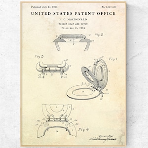 Toilet Seat and Cover 1936 Patent Print. Invention Blueprint Poster. Bathroom Wall Art. WC Restroom Vintage Decor. Ready to Hang Canvas