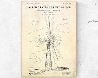Wind Turbine Patent Print, 1944 Blueprint Art
