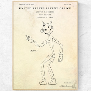 Reddy Kilowatt 1935 Patentdruck. Vintage Blueprint Poster, Elektriker Retro Spielzeug Sammler Geschenk Kinderzimmer Dekor Strom Wandkunst