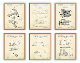 Work Tools Patent Prints, Vintage Blueprint Carpenters Wall Art, Set of 6 Patent Posters. Garage, Wood Working Decor