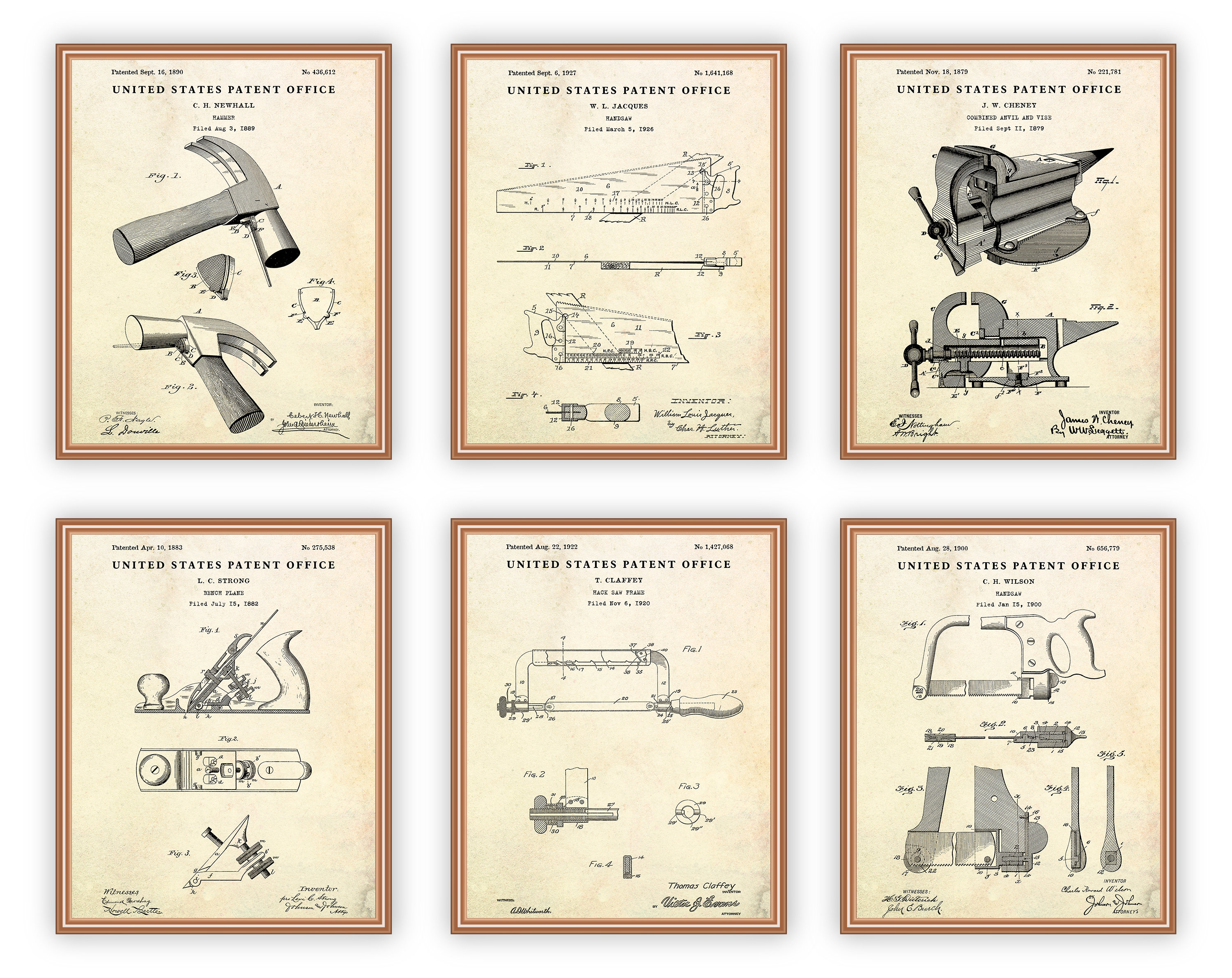 Work Tools Patent Prints, Vintage Blueprint Carpenters Wall Art, Set of 6 Patent Posters. Garage, Wood Working Decor