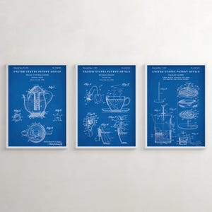 May include: Three blue and white vintage patent drawings for a coffee pot, tea pot, and tea infuser. The drawings are titled "United States Patent Office" and include the patent numbers and dates.