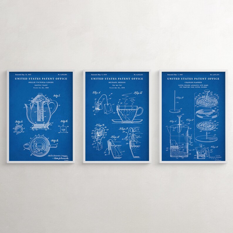 May include: Three blue and white vintage patent drawings for a coffee pot, tea pot, and tea infuser. The drawings are titled "United States Patent Office" and include the patent numbers and dates.