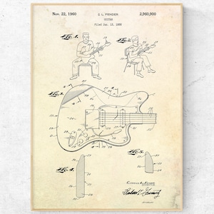 Fender Guitar Patent Print. Electric Guitar Blueprint Poster. Guitar Wall Decor. Musician Gift. Music Room Wall Art