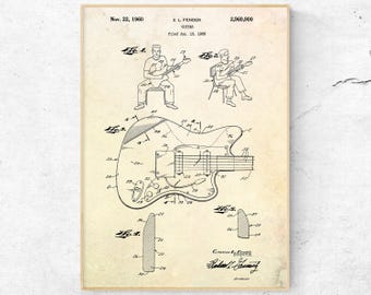 Fender Gitarre Patent Print. E-Gitarre Blueprint Poster. Gitarren-Wand-Dekor. Musiker Geschenk. Musikzimmer Wandkunst