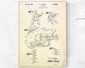 Impresión de patente de guitarra Fender. Póster de plano de guitarra eléctrica. Decoración de pared de guitarra. Regalo para músicos. Arte mural para sala de música.