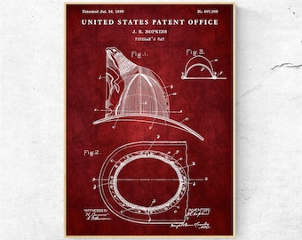 Fireman's Helmet 1889 Patent Print, Firefighter Gift