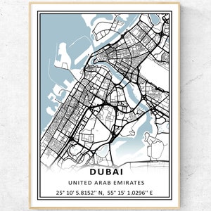 Impression de carte de la ville de Dubaï, art mural de carte moderne, cadeau de voyage aux Émirats arabes unis Poster