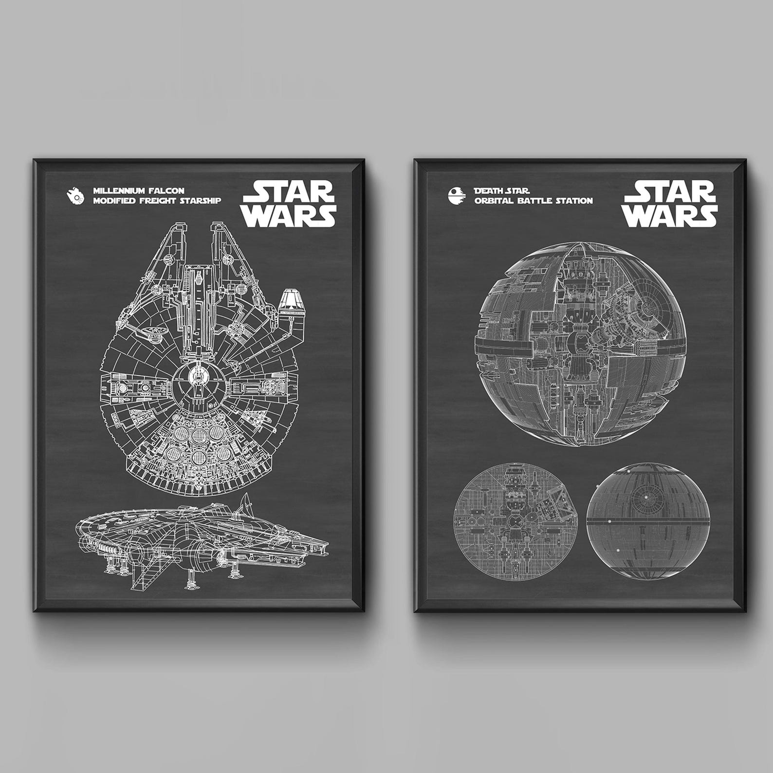 Death Falcon Death Star & Millennium Falcon Blueprint Wall Art, Space Wars Decor ...
