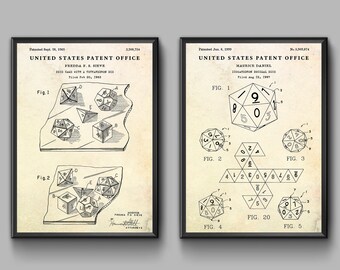 Dungeons Dragons Dice Art, Set of 2 Patent Prints. DnD Poster, Blueprint Wall Art