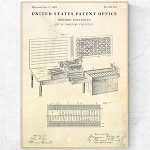 Statistics Compiling Machine 1889 Patent Print. Analog Computer Punch Card Invention. Old Tech Blueprint Poster, Office Decor, Geek Gift