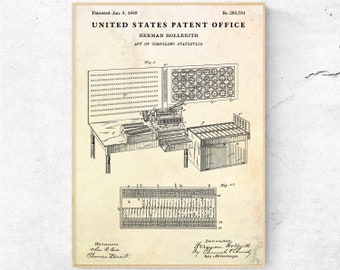 May include: A black and white illustration of a patent for a machine used to compile statistics. The patent is titled "Art of Compiling Statistics" and was issued to Herman Hollerith on January 8, 1889. The patent number is 395,781.