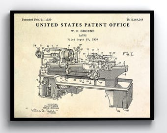Lathe Patent Print. Blueprint Poster. Vintage Machine Tools Inventions Wall Art. Workshop Decor. Turner Gift