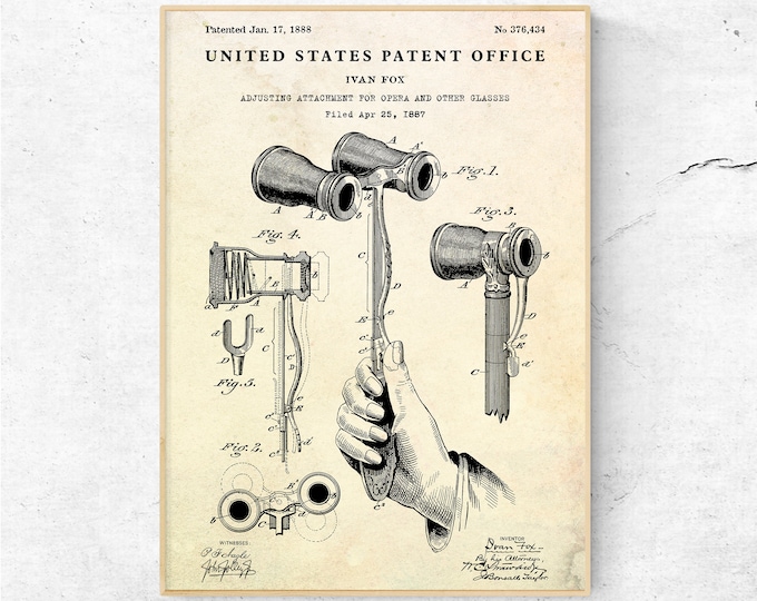 1888 Opera Glasses Patent Print: Theatrical Invention Blueprint Poster, Vintage Wall Art