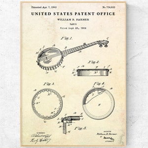Banjo 1903 Patent Print. Country Music Blueprint Poster, Musician Gift, Western Americana Vintage Wall Art, Bluegrass Decor