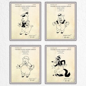 Nursery Wall Art: Cartoon Character Design Patent Drawing Poster, Kids Room Decor, Set of 4 Prints