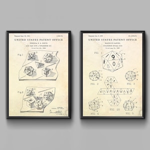 Poster con brevetti di dadi D20, decorazioni murali di Dungeons and Dragons, decorazioni per giocatori di giochi di ruolo da tavolo D&D, regalo geek, set di 2 stampe