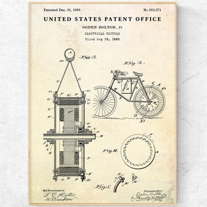 First Electric Bike 1895 Patent Print. Cycling Inventions Blueprint Poster. Cyclist Gift Idea. Bicycle Wall Art
