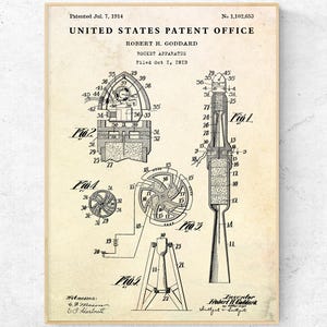 Rocket apparative Patentdruck von 1914. Aerospace Science Invention Blueprint Poster. Weltraum-Enthusiasten Geschenk. Vintage Technik Wand Kunst Dekor