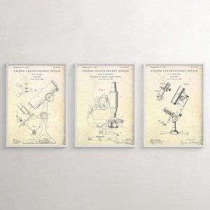 Pósteres de patentes de microscopio, regalo para científicos, microbiología, decoración vintage forense, laboratorio para aulas, arte mural de investigación médica, juego de 3 láminas