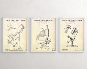 Láminas de patentes de microscopios, decoración científica vintage, juego de 3
