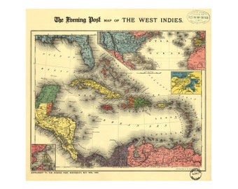 Mappa antica dell'area dei Caraibi 1898. Poster della mappa antica dei Caraibi. Stampa di mappe vintage