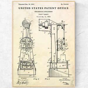 Puede incluir: Un dibujo en blanco y negro de una patente para un martillo de potencia. La patente está fechada el 16 de diciembre de 1902 y el número de patente es 716.019. La patente es para un martillo de potencia inventado por Heinrich Feldhus.