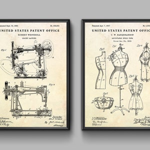 Może przedstawiać: Dwa vintage'owe rysunki patentów. Pierwszy przedstawia maszynę do szycia z tekstem "United States Patent Office" i "Robert Whiterill" nad rysunkiem. Drugi przedstawia manekin z tekstem "United States Patent Office" i "C.W. Farquharson" nad rysunkiem.