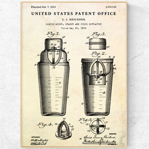 Drink Shaker Mixer 1913 Patent Print. Cocktail Inventions Blueprint Poster. Bartender Gift, Bar Wall Art, Restaurant Pub Vintage Decor