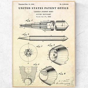 May include: A black and white line drawing of a patent for a writing instrument, showing the design of the pen and its components. The patent is titled "Writing Instrument" and was filed on 17 June 1943, by Laszlo Jozsef Biro. The patent number is 2,300,636 and was patented on 11 December 1945.