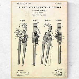 Pipe Wrench 1888 Patent Print. Plumbing Tools Inventions Blueprint Poster. Garage, Workroom Vintage Wall Art, Plumber Gift, Workshop Decor