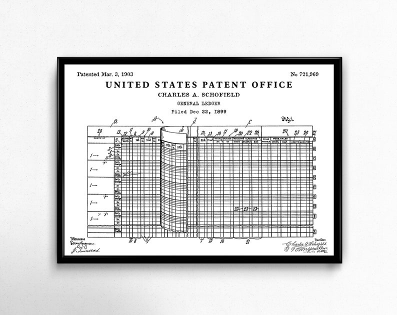 May include: Black and white patent drawing for a general ledger system. The drawing shows a grid with columns for dates, debits, credits, and balances. The patent was filed on December 22, 1899, and granted on March 3, 1903, to Charles A. Schofield.