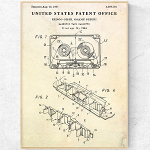 Magnetbandkassette Patentdruck von 1987. Audio Analog Record Invention Blueprint Poster. Audiophiles Geschenk. Fertig zum aufhängen