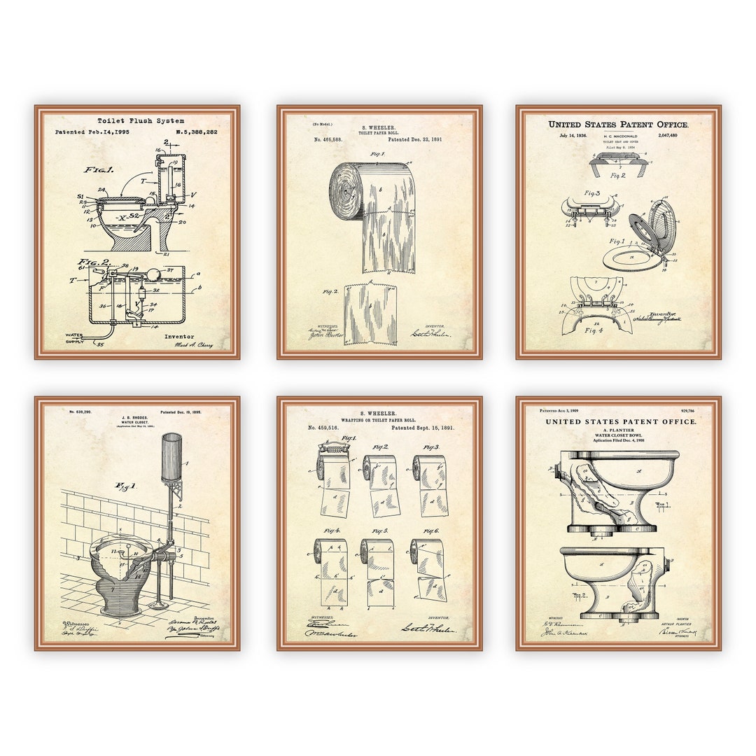 Toilet Wall Art Patent Drawing Poster, Set of 6 Bathroom Patent Prints ...