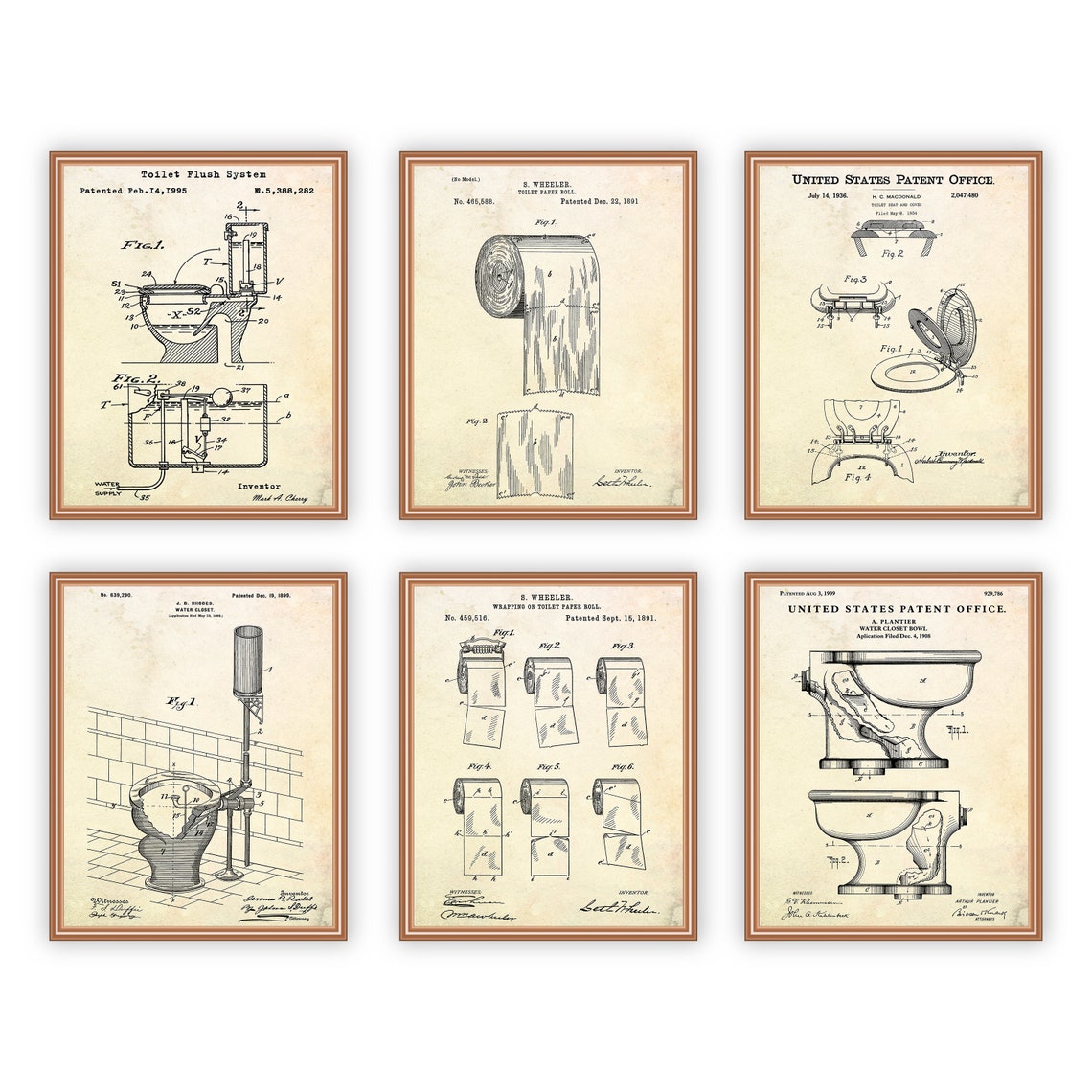 Toilet Wall Art Patent Drawing Poster, Set of 6 Bathroom Patent Prints ...
