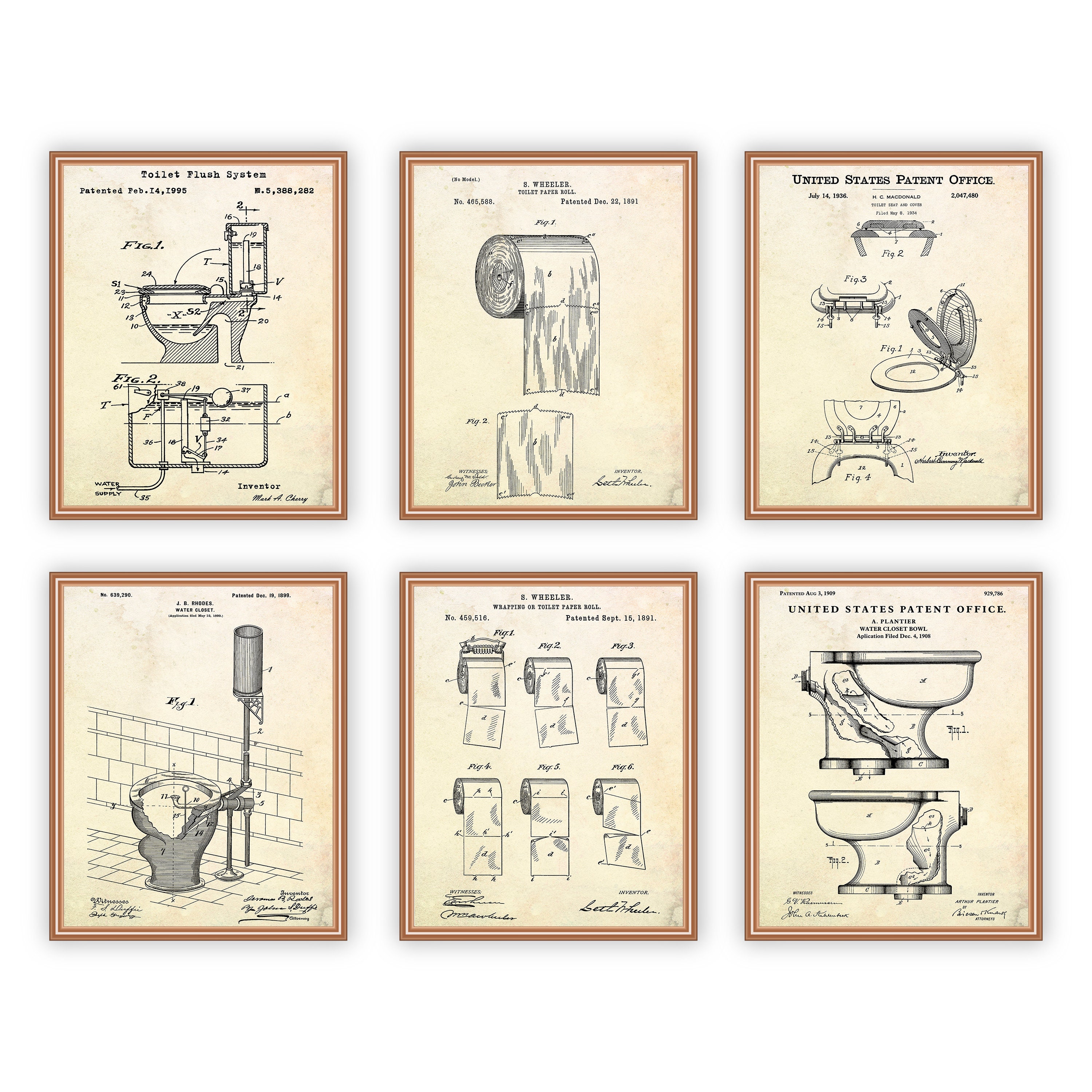 Toilet Wall Art Patent Drawing Poster, Set of 6 Bathroom Patent Prints ...