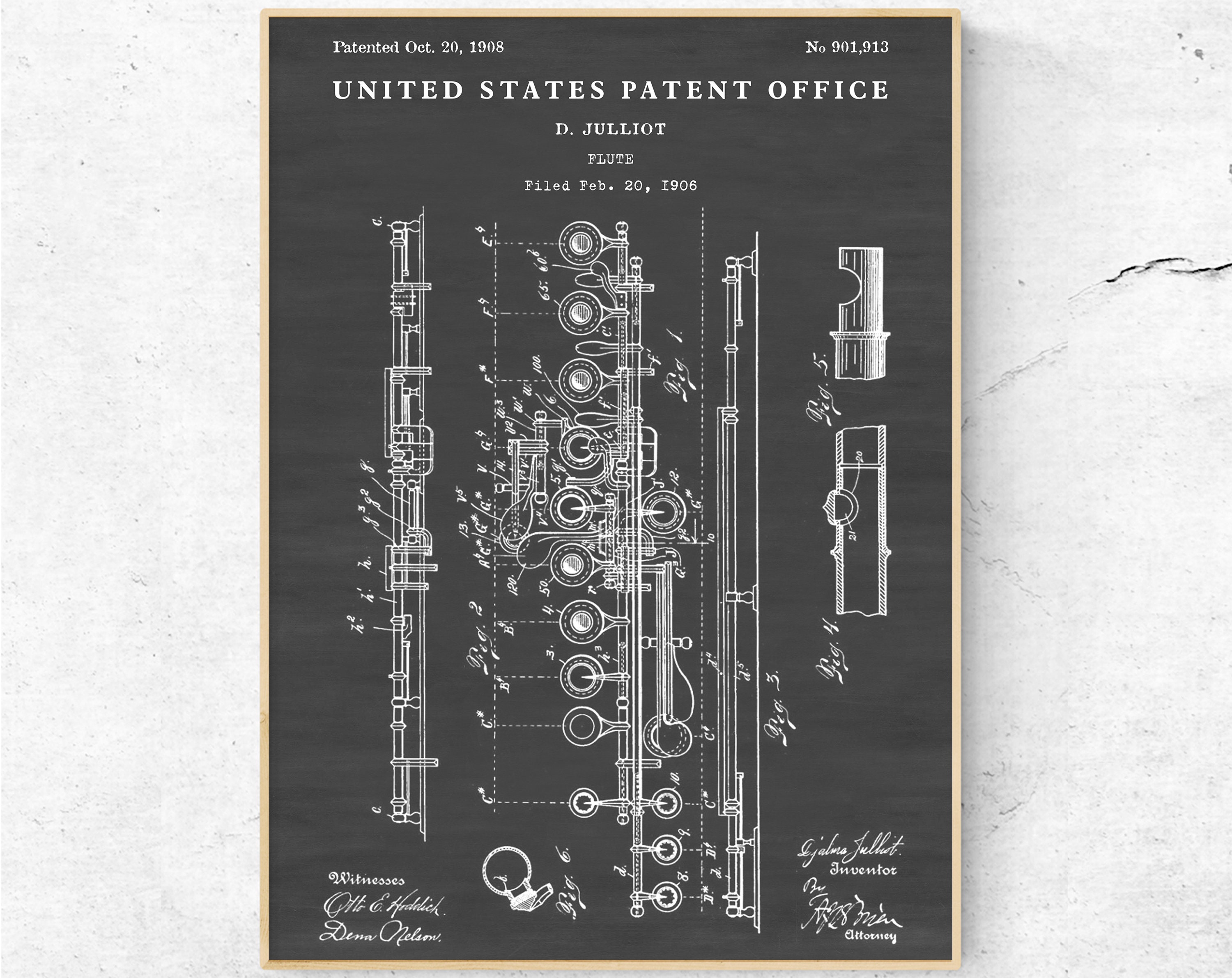 フルート 1908年特許印刷物。設計図ポスター。ミュージシャンへの