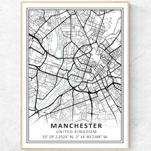 Manchester City Karte Minimalistischer Druck, England Moderne Karte Wandkunst, Vereinigtes Königreich Reisegeschenk Poster