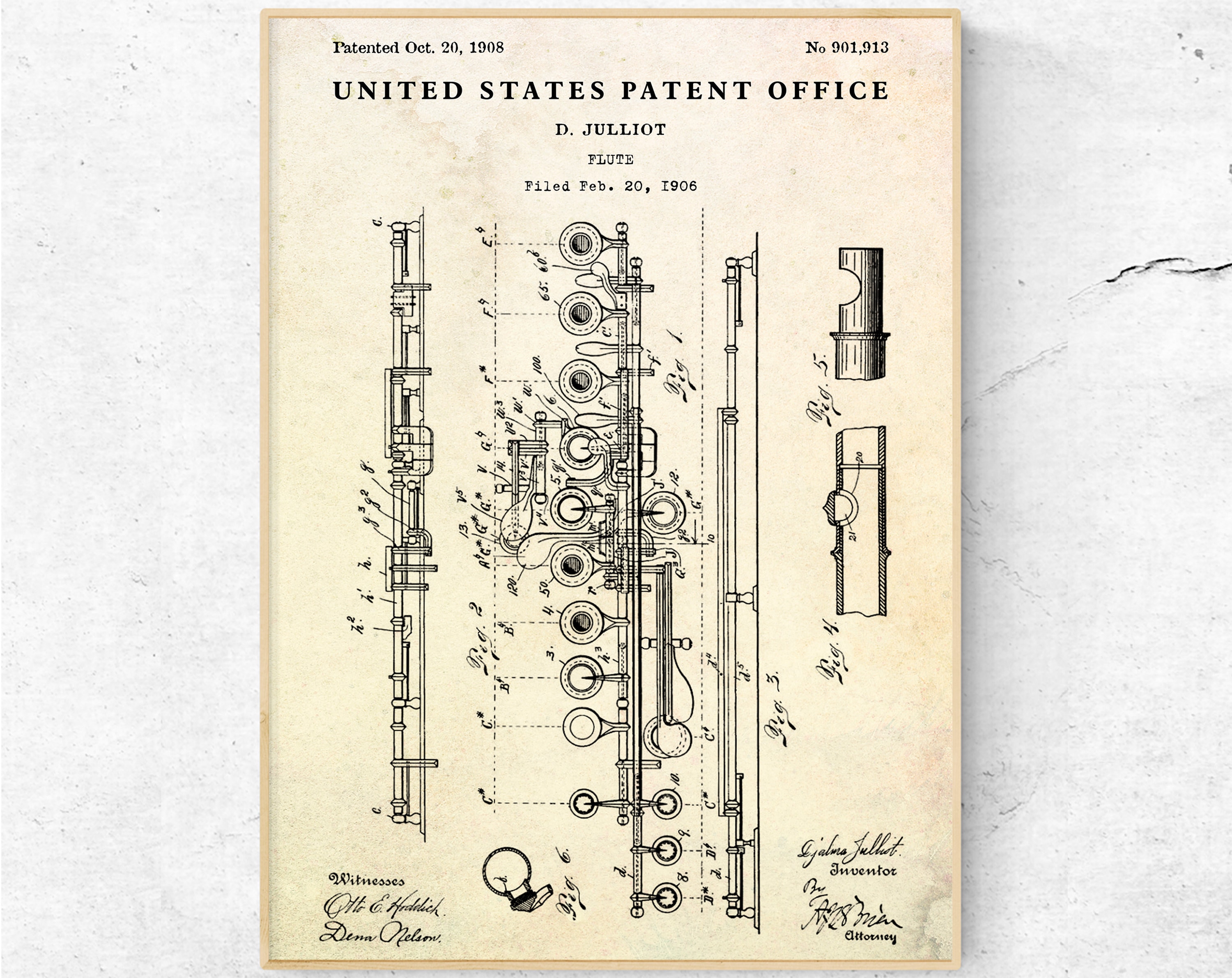 フルート 1908年特許印刷物。設計図ポスター。ミュージシャンへの