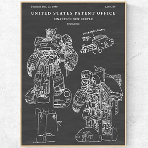 May include: A black and white line drawing of a robot in both robot and vehicle form. The robot is a transformer and the vehicle is a car. The drawing is on a black background and includes the text "United States Patent Office", "Binaltech New Beetle", and "Bumblebee".