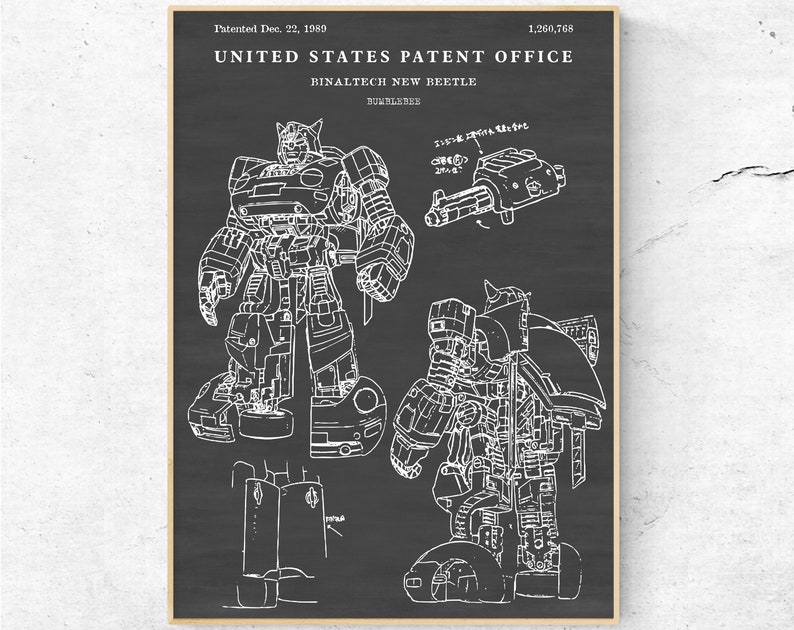 May include: A black and white line drawing of a robot in both robot and vehicle form. The robot is a transformer and the vehicle is a car. The drawing is on a black background and includes the text "United States Patent Office", "Binaltech New Beetle", and "Bumblebee".