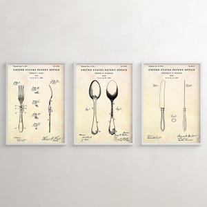 Fork Spoon Knife Patent Posters, Antique Cutlery Wall Art, Vintage Kitchen Decor, Dining Room Poster, Utensil Gift, Set Of 3 Prints